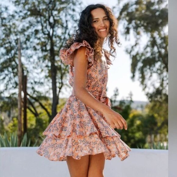 Cleobella Britt Mini Dress Sleeveless Positano Floral Flowers Tiered Pink Small - Picture 4 of 11